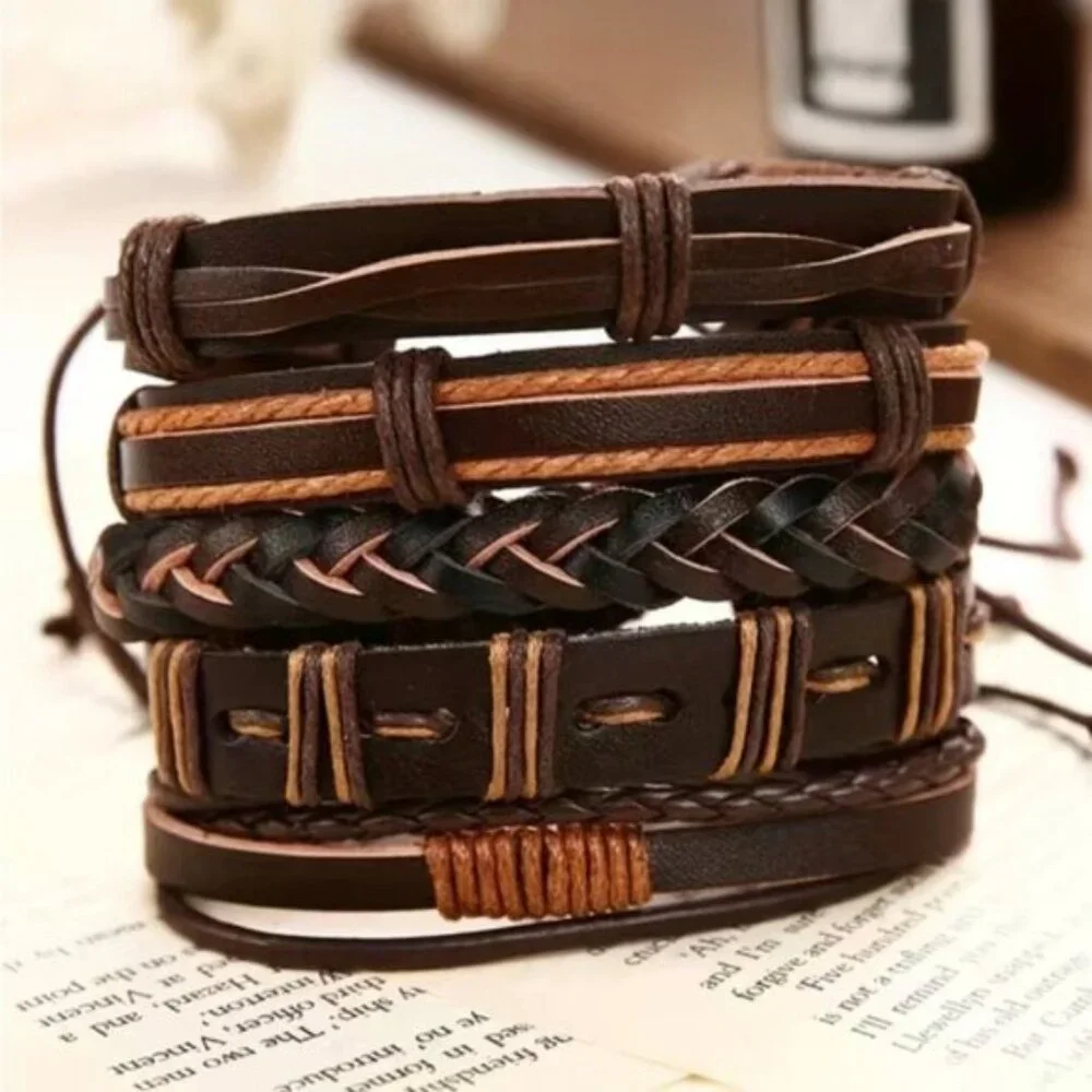 Men's Genuine Brown Braided Bracelet Set